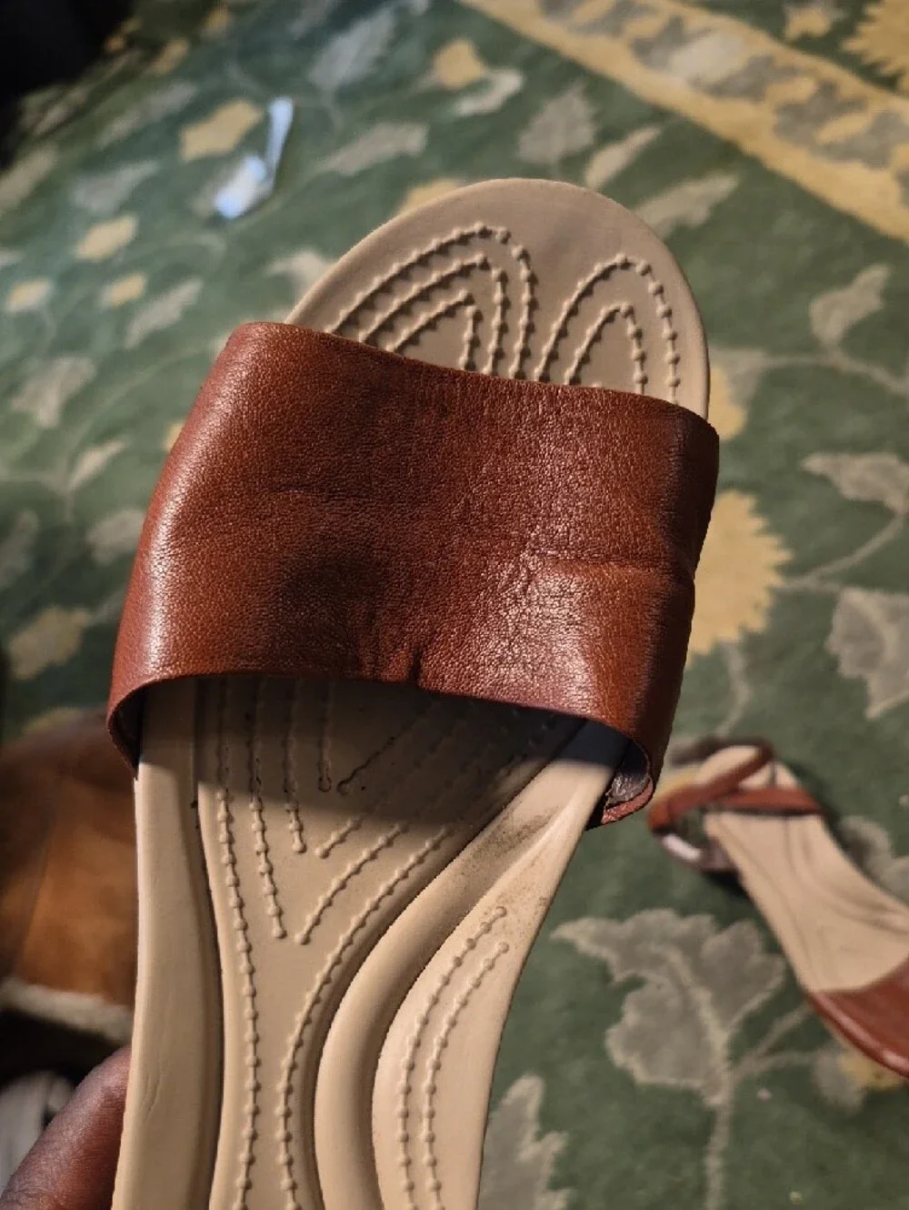 CROCS Brown Leather T-Strap Sandals with Cream Footbed